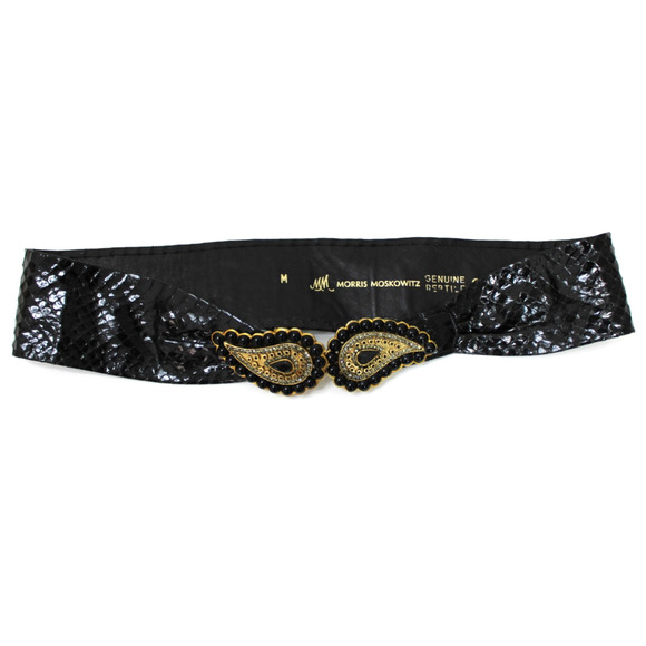 Vintage 80s Morris Moskowitz Black Snake Skin Wide Leather Belt & Buckle M main image 8